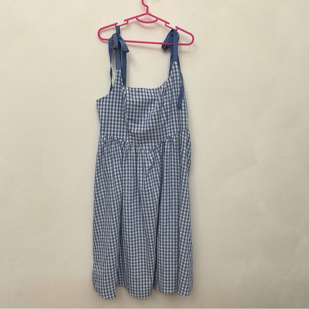 Shein Curve Blue, White Gingham Midi Dress With Ribbon Straps Size 2XL